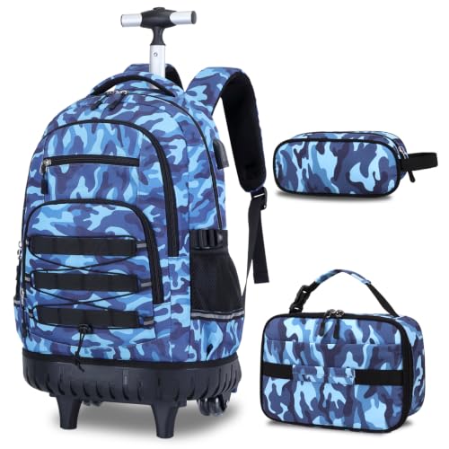 ACESAK Camo Rolling Backpack Boys, Tactical Kids Backpack Boys, Kids Suitcase for Boy Teens Elementary Middle High School, Military Backpack with Wheels and Lunch Bag Pencil Case Set (Camo Blue) - color: Camo Blue
