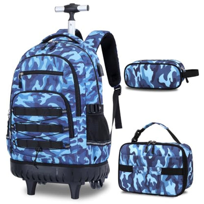 ACESAK Camo Rolling Backpack Boys, Tactical Kids Backpack Boys, Kids Suitcase for Boy Teens Elementary Middle High School, Military Backpack with Wheels and Lunch Bag Pencil Case Set (Camo Blue) - color: Camo Blue