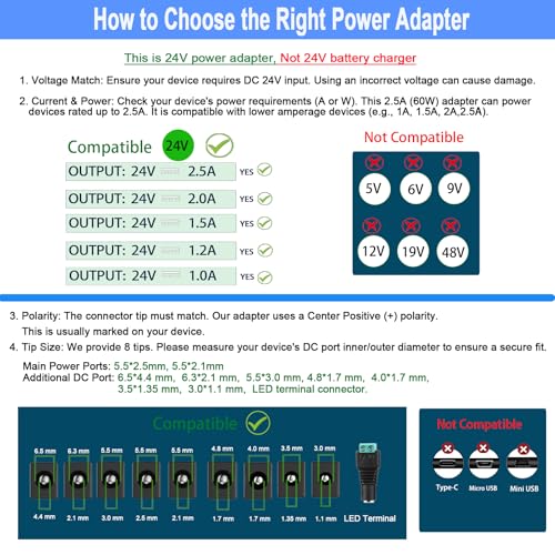 24V Power Supply, 24V 2.5A AC Adapter, fit for Logitech G29 G920 Racing Wheel/LED Light Strip/Vizio Soundbar/Dymo 4XL Printer etc,100-240V 50/60Hz Power Cord, with 8 DC Tips.