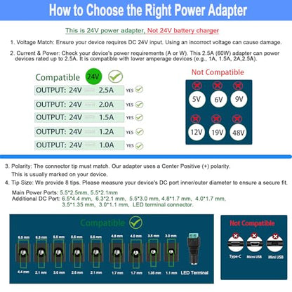 24V Power Supply, 24V 2.5A AC Adapter, fit for Logitech G29 G920 Racing Wheel/LED Light Strip/Vizio Soundbar/Dymo 4XL Printer etc,100-240V 50/60Hz Power Cord, with 8 DC Tips.
