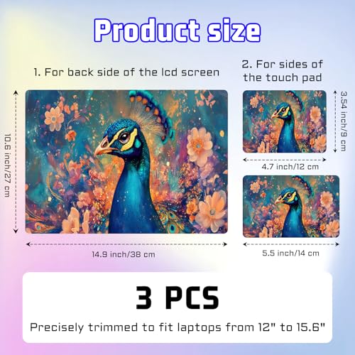 Universal Laptop Skin Sticker Decal, Compatible with MacBook HP Dell Lenovo 12"-15.6", Reusable Vinyl Notebook Cover 3PCS Set, High-Recognition Film-Floral Peacock Art - color: Floral Peacock Art