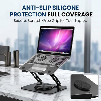 Laptop Stand for Desk with Dual Quiet Cooling Fans - 360° Rotating Base Ergonomic Computer Stand, Heavy-Duty Carbon Steel Laptop Riser Foldable Portable for Office Home (Black)