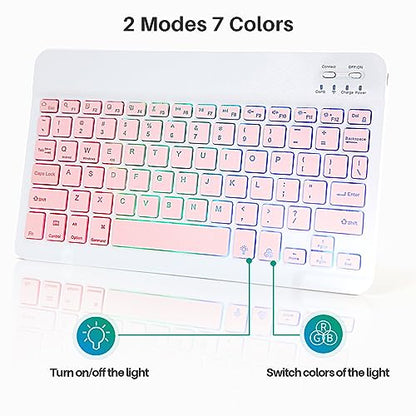 Bluetooth Keyboard and Mouse Combo for iPad - Rechargeable Wireless Keyboard & Mouse with 7-Color Backlit Compatible with iPad 9th/8th Gen, iPad Pro/Air/Mini, iPhone14/13/12 Pro,(10 inch Pink) - color: pink