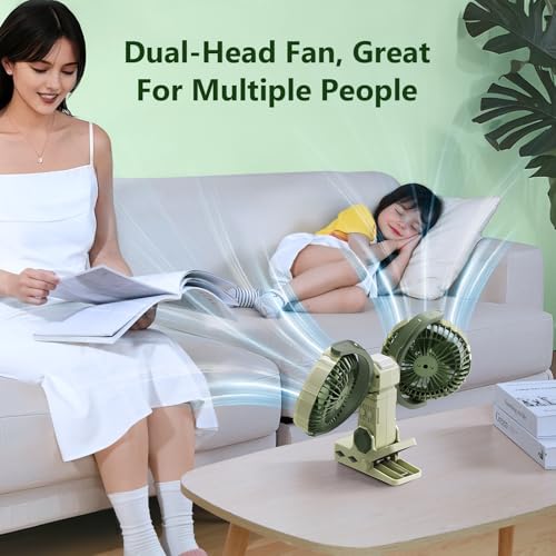 Dual Head Clip on Fan Battery Powered with Light,Portable USB Rechargeable Powerful Desk Table Fans,360°Rotatable Cooling Clamp Fans for Stroller,Car,Golf Cart,Treadmill,Outdoor Camping(Light Green) - color: Green