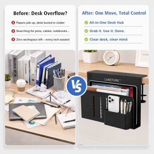 LUKETURE Desk Side Storage, No Drill Laptop Mount with Pen Holder, Clamp-On | Fits Flat Edge Desks 0.3 to 2.8 Inches,Secure Grip on Wood, Glass, or Metal Surfaces Without Slipping - color: Black(1 Tie)