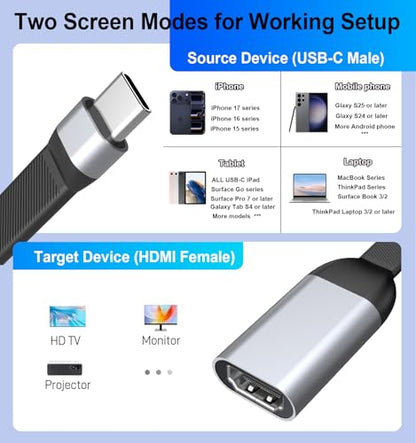 USB-C to hdmi Compact Adapter,Typec Phone to TV Screen mirroring 4K@60Hz 2K@144Hz 1080P,Compatible for iPhone 17/16/15,iPad,Galaxy,MacBook,iMac,Dell,Surface Book,Laptop,Thunderbolt