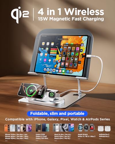 Adjustable Laptop Stand with Wireless Charger, 3-in-1 Charging Station for Phone and Watch, Ergonomic Aluminum Notebook Riser with LED Light, Qi2 Fast Charging (Silvery)