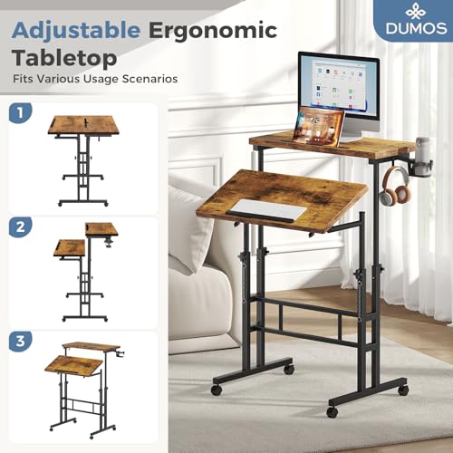 DUMOS Rolling Standing Desk, Sit Stand Desk, Computer Cart | 23.6 Inch Width, Height Adjustable, Split Top, Mobile Laptop Workstation, Office Table, Portable Design, Rustic Brown - color: Brown