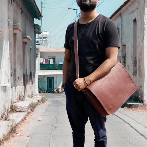 Leather Messenger Bag for Men & Women, 15" Vintage Crossbody Laptop Satchel | Fits 15 inches Laptop & iPad, Organized Pockets, Adjustable Shoulder Strap, Magnetic Closure, Travel Trolley Strap, Brown