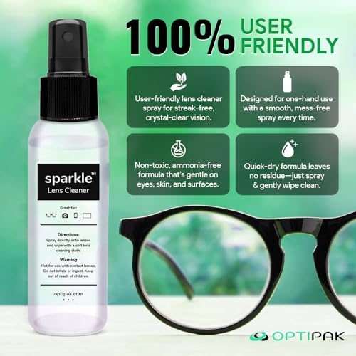 Sparkle Anti-Reflective Lens Cleaner Spray with Microfiber Cloth for Eyeglasses, Sunglasses, Lenses, Screens, Tablets & Binoculars - Ammonia Free And Streak Free (Black/8oz 1Pk)