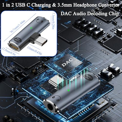 QIANRENON PD100W USB C Charging Headphone 2 in 1 Adapter USB Type C Male to Type C Female & TRRS 3.5mm Female Connector USB C Phone Fast Charge 3.5mm Headset Converter,with LED Light,Hanging Hole