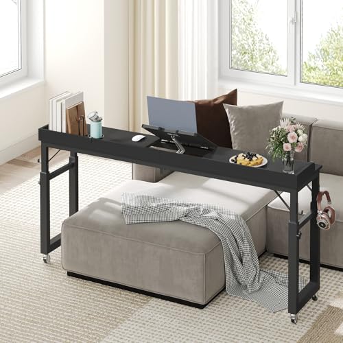 MAHANCRIS Overbed Table with Wheels, Queen Size Adjustable Rolling Desk | Height & Angle Adjustable Rolling Overbed Table with Bookshelf, Cup Holder, 4 Hooks, Lockable Wheels, Fits Bed/Sofa/Recliner - color: Black