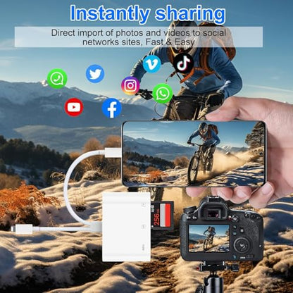 SD Card Reader for iPhone, iPad, USB C Lightning Dual Port SD Card Adapter, Memory Card Reader for Camera Adapter, Support SD, Micro SD, No App Required, Plug and Play