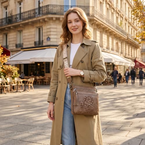 Vegan Leather Purses for Women, Daily Travel Crossbody Bags | Small Multi-Pocket Shoulder Bag with Adjustable Boho Wide Strap - color: Apricot Brown
