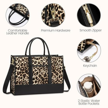 LOVEVOOK Laptop Bag for Women 17 inch Canvas Laptop Tote Bag， Large Professional Teacher Purse Lightweight Computer Bag Briefcase Business Office, Black Brown - color: Leopard-black, size: 17inch