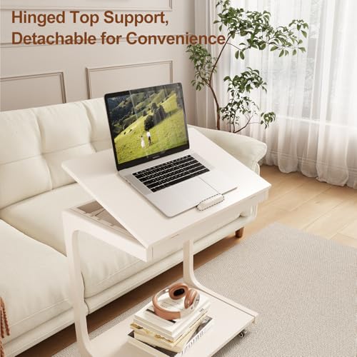 AQIMUELE Wooden C-Shaped End Table,Couch Table with Adjustable Desktop,Small Rolling Side Table with 2 Lockable Wheels 23.6" Width,Small End Table for Couch, Living Room,Bedroom (White) - color: White, size: 15.6"D x 23.6"W x 24.8"H, style: Modern 2 Tier