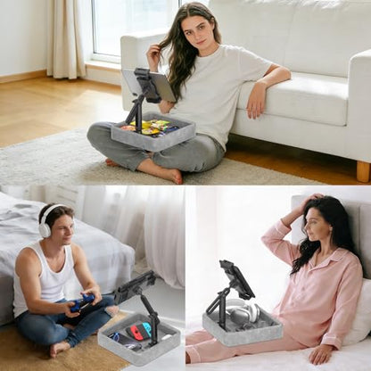 KDD Tablet Pillow Stand - Multi-Angle Adjustable iPad Holder for Lap, Bed and Desk - Foldable Kindle Soft Pad Dock with Storage Tray Compatible with iPad Pro 12.9, Air Mini, Phone, E-Reader