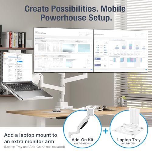 AVLT Dual Monitor Arm 57" Pole Top Mount with USB-C & A – White | Heavy-duty Stacking arm; Height Adjustable; Top C-clamp/Grommet w/ Reinforcement Plates; VESA 200/100/75mm. - color: White