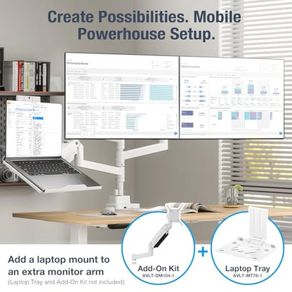 AVLT Dual Monitor Arm 57" Pole Top Mount with USB-C & A – White | Heavy-duty Stacking arm; Height Adjustable; Top C-clamp/Grommet w/ Reinforcement Plates; VESA 200/100/75mm. - color: White