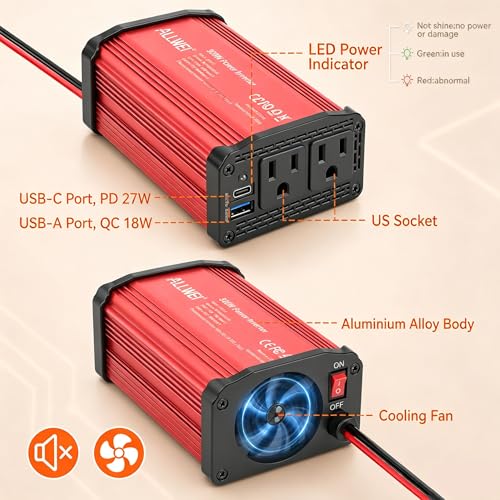 ALLWEI 300W Power Inverter 12V DC to 110V AC Car Inverter with 27W PD USB-C &18W USB-A Fast Charging, Car Charger Cigarette Lighter Adapter for Phone, Laptop and Small Devices on Road Trip-Red - color: PD27W-Red