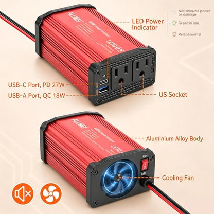 ALLWEI 300W Power Inverter 12V DC to 110V AC Car Inverter with 27W PD USB-C &18W USB-A Fast Charging, Car Charger Cigarette Lighter Adapter for Phone, Laptop and Small Devices on Road Trip-Red - color: PD27W-Red