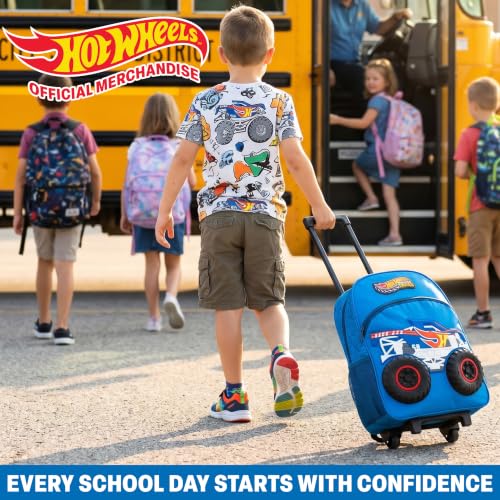 Get Trend Hot Wheels Monster Trucks 3D Rolling Luggage, 18” Travel Bag | 23L Cabin Suitcase, Lightweight Kids Carry On Backpack with Telescopic Handle for Trips, Holidays & School - color: Multi/Blue Hot Wheels