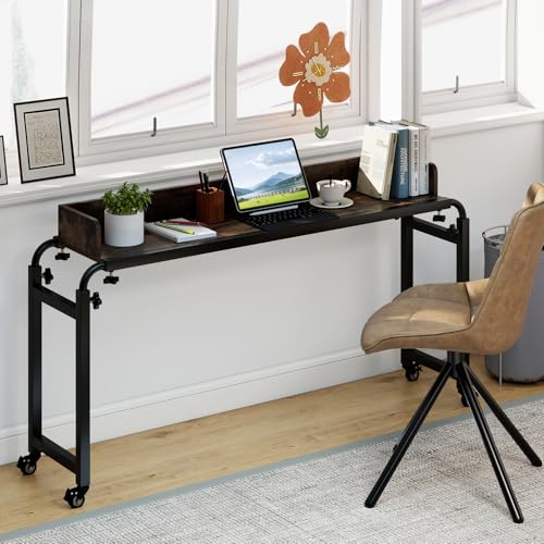 Tangkula Overbed Table with Wheels, Queen Size Mobile Bed Desk with Adjustable Height & Length, Rolling Computer Desk with Metal Frame, Laptop Cart for Bedroom, Living Room, Hospital (Rustic Brown)