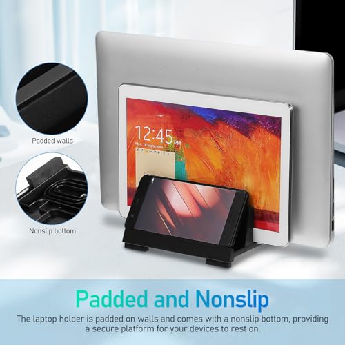 Laptop Vertical Stand Adjustable Laptop Holder with Dual Slots Padded Nonslip Storage Stand for Tablet Phone and Workspace Desk Organizer for Home Office