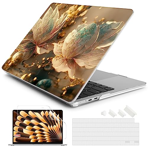 Batianda Case for MacBook Air 15" with M5 M4 M3 M2 Chip, Golden Petals | 4-in-1 Set with Warm Luminous Flowers Design, Lightweight Slim Hard Shell Protection For Women,Artists and Luxury Style Users - color: 3D flower