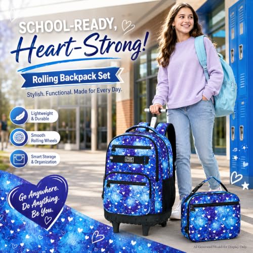 3Pcs Rolling Backpack for Girls Women, Travel Roller Backpacks with Wheels for Adults, Teens College Love Polka Dots Wheeled Bookbag with Lunch Box(Blue) - color: Blue
