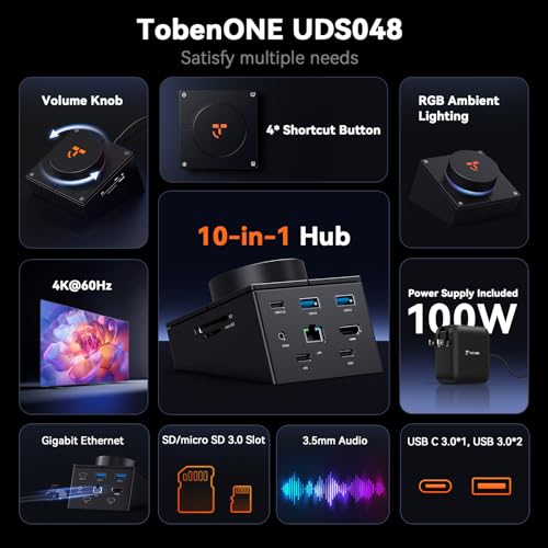 TobenONE 10-in-1 USB C Hub with Shortcut Keys, Volume Knob, 4K HDMI | 100W PD, 3 USB, Ethernet, Audio, SD/microSD, Laptop Dock for MacBook, Windows, Chrome, iPad
