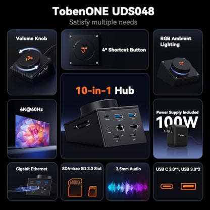 TobenONE 10-in-1 USB C Hub with Shortcut Keys, Volume Knob, 4K HDMI | 100W PD, 3 USB, Ethernet, Audio, SD/microSD, Laptop Dock for MacBook, Windows, Chrome, iPad
