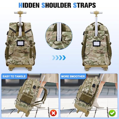 ACESAK Camo Rolling Backpack Boys, Tactical Kids Backpack Boys, Kids Suitcase for Boy Teens Elementary Middle High School, Military Backpack with Wheels and Lunch Bag Pencil Case Set (Camo Khaki) - color: Camo Khaki