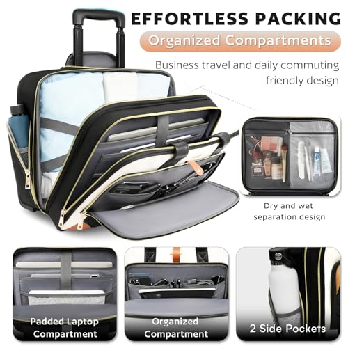 Arcoyard Rolling Laptop Bag, Large Rolling Briefcase for Women with Waterproof Pocket, 17.3 Inch Computer Bag Laptop Case with Wheels, Roller Work Bag for Office Travel Business Teacher, Beige Brown
