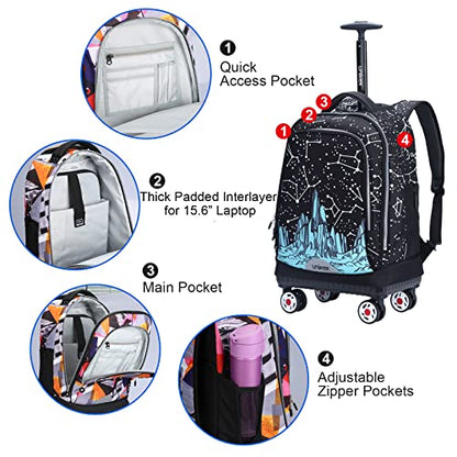 Rolling Backpack with Wheels for Travel, Roller Backpack for Women, Wheeled Laptop Bag Fits 15.6 Inch Notebook - color: Constellation