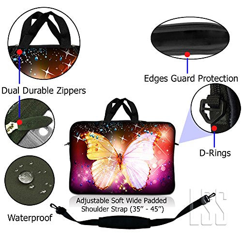 LSS 15 15.6 inches Laptop Sleeve Bag with Matching Laptop Skin Sticker Combo | Carrying Case w/Handle & Adjustable Shoulder Strap for 14" 15" 15.6" - Sparkling Butterfly - color: Sparkling Butterfly, size: 15 inch