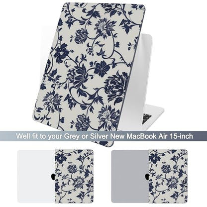 Batianda Case for MacBook Air 15 inch 2026 M5 M4 M3 M2 Chip, Navy Flowers | 4-in-1 set with artistic porcelain vine flower design, lightweight slim hard shell protection for office women and teachers - color: Navy flowers