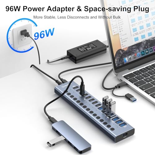 Powered USB 3.2 Hub, 16 Ports Powered USB Hub with 10Gbps Data Speed, USB Hub (8 USB-A 3.2 Ports+8 USB-C 3.2 Ports) with 96W Power Adapter for PC/Laptop, Computer, Flash Drive, Printer, Camera