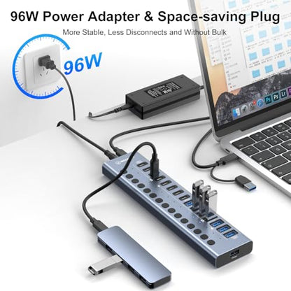 Powered USB 3.2 Hub, 16 Ports Powered USB Hub with 10Gbps Data Speed, USB Hub (8 USB-A 3.2 Ports+8 USB-C 3.2 Ports) with 96W Power Adapter for PC/Laptop, Computer, Flash Drive, Printer, Camera
