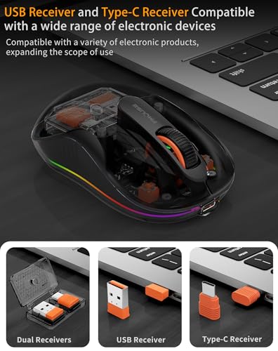 Bluetooth Wireless Mouse, Transparent RGB Tri-Modes Mouse,Bluetooth & 2.4GHz for Multi Device, USB-C Receiver Ideal for MacBook/Laptops, Rechargeable, Silent, Portable, Cool LED, Ergonomic - Black - color: Black