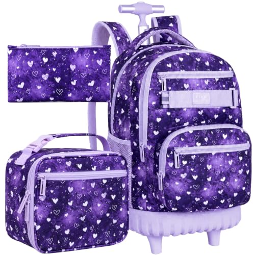 3Pcs Rolling Backpack for Girls, 19" Kids Wheeled Bookbag with Lunch Box, Roller Bag for Elementary Travel (Purple) - color: Starry Sky Purple