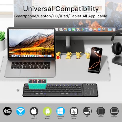 Foldable Bluetooth Keyboard with Touchpad Numpad Multi-Device Rechargeable | 2-in-1 Folding Keyboard with Trackpad & Number Pad Portable Travel Keyboard for iPad,Laptop,PC Windows,iOS,Android,MacOS