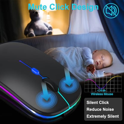 Wireless Bluetooth Mouse for iPad/MacBook Pro/Air/Laptop/pc Rechargeable Silent Mouse Portable Slim for Surface Pro/Lenovo/Samsung Tablet (LED/Black) - color: LED / Black