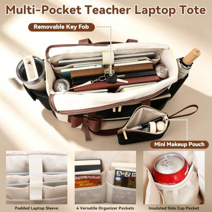 Veirdro Teacher Laptop Tote Bag for Women with Large Leakproof Cup Holder, Waterproof Work Tote Bags with Padded 15.6 in Laptop Compartment, Quilted Nurse Bag with Carrying Purse for Office, Black