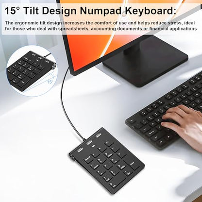 18 Key Wired Numeric Keypad with 3 Port USB 2.0 Hub, USB C & USB A Slim Portable Numpad for Laptop, Desktop, PC, MacBook, Efficiency Financial Accounting Num Pad USB c Support Plug and Play