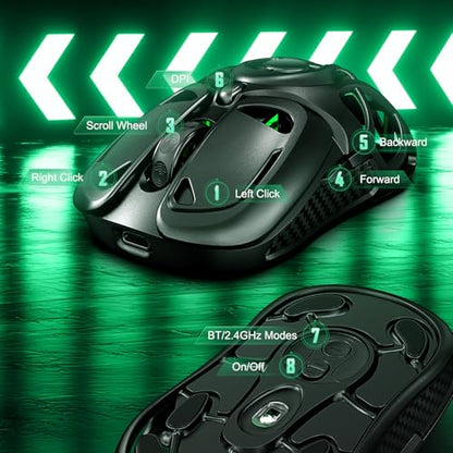 YPBDAN Tri-Mode Wireless Gaming Mouse with RGB, 10000 DPI | 2.4G/USB-C/Bluetooth 5.3 Mouse, 60H Battery, Ultra-Light Ergonomic Rechargeable Design for PC Mac Laptop