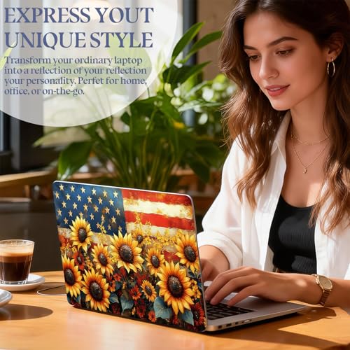 Universal Laptop Skin Sticker Decal,15.6 Inch Laptop Vinyl Cover for 13" 14" 15.6" Laptop,Scratch-Resistant Waterproof Protector Wrap,Reusable with Wrist Pads,Sunflower Field American Flag - color: Sunflower Field American Flag