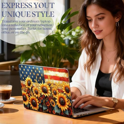 Universal Laptop Skin Sticker Decal,15.6 Inch Laptop Vinyl Cover for 13" 14" 15.6" Laptop,Scratch-Resistant Waterproof Protector Wrap,Reusable with Wrist Pads,Sunflower Field American Flag - color: Sunflower Field American Flag