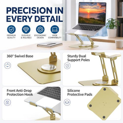 SOUNDANCE 360 Rotating Laptop Stand, Ergonomic Computer Riser for Desk, Adjustable Height Multi-Angle Metal Holder, Foldable Portable Notebook Elevating Base for Office & Home, Gold - color: Gold
