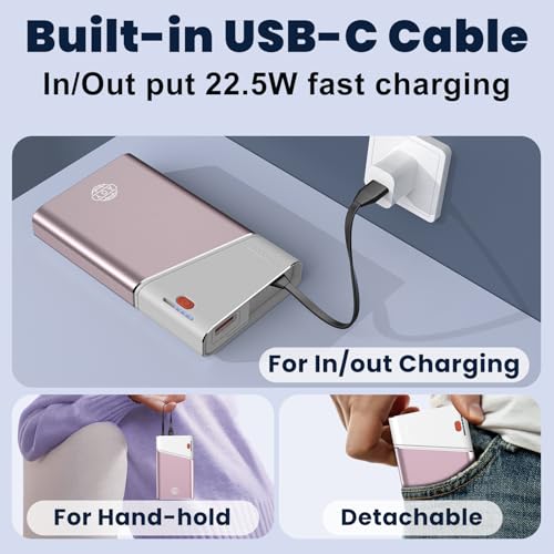 Aaoyun Portable Charger Power Bank, 20000mAh 22.5W PD Fast Charging Powerbank with Built-in USB C Cable, External Phone Battery Pack for iPhone 17/16/15 Samsung S24 Android etc, Pink - color: Pink-20000mah